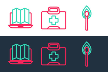 Sticker - Set line Burning match with fire, Location of the forest laptop and First aid kit icon. Vector