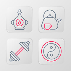 Sticker - Set line Yin Yang, Dumbbell, Teapot with cup and Oil bottle icon. Vector