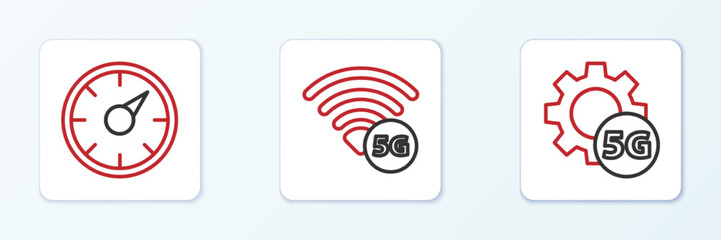 Poster - Set line Setting 5G network, Digital speed meter and icon. Vector