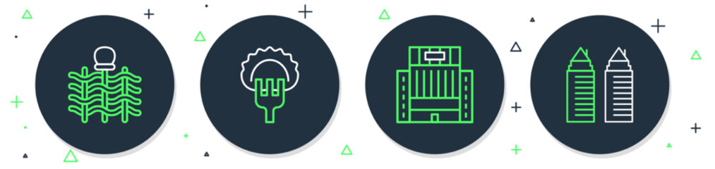 Poster - Set line Dumplings on fork, Hotel Ukraina building, Wicker fence and Two towers Dnipro icon. Vector