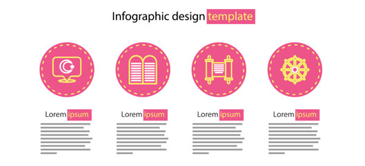 Poster - Set line Decree, paper, parchment, scroll, Dharma wheel, The commandments and Star crescent icon. Vector