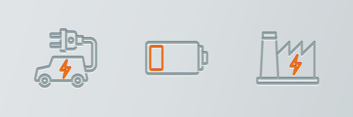 Sticker - Set line Nuclear power plant, Electric car and Battery icon. Vector