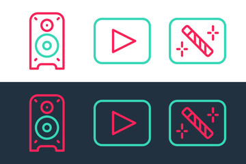 Sticker - Set line Photo retouching, Stereo speaker and Play button icon. Vector