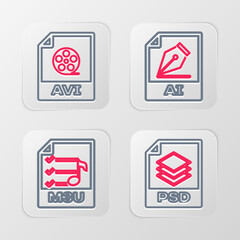 Poster - Set line PSD file document, M3U, AI and AVI icon. Vector