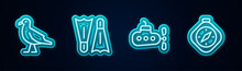 Set Line Bird Seagull, Flippers For Swimming, Submarine And Compass. Glowing Neon Icon. Vector