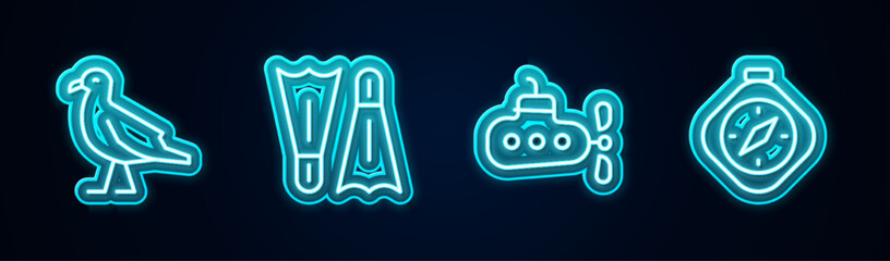 Sticker - Set line Bird seagull, Flippers for swimming, Submarine and Compass. Glowing neon icon. Vector