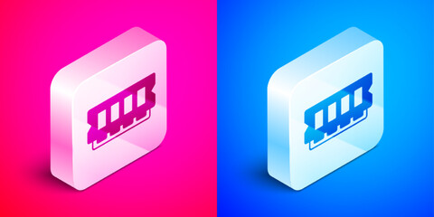 Isometric RAM, random access memory icon isolated on pink and blue background. Silver square button. Vector