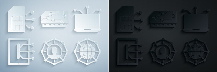 Set Project team base, Laptop, Tablet, Global technology or social network, RAM, random access memory and Sim card icon. Vector