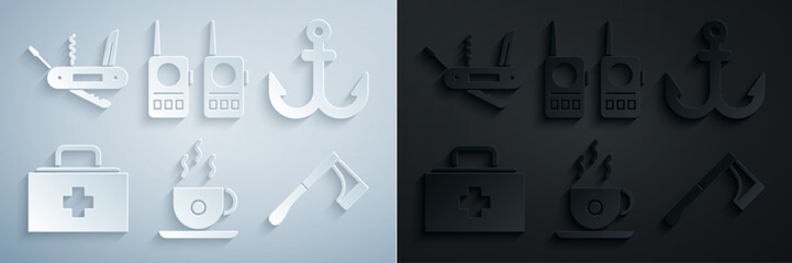 Canvas Print - Set Coffee cup, Anchor, First aid kit, Wooden axe, Walkie talkie and Swiss army knife icon. Vector