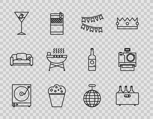 Wall Mural - Set line Vinyl player with a vinyl disk, Bottles of wine wooden box, Carnival garland flags, Popcorn cardboard, Martini glass, Barbecue grill, Disco ball and Photo camera icon. Vector