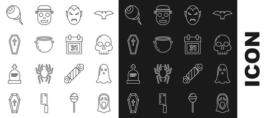 Wall Mural - Set line Funny and scary ghost mask for Halloween, Ghost, Skull, Vampire, witch cauldron, Coffin with christian cross, Eye and Calendar date 31 october icon. Vector