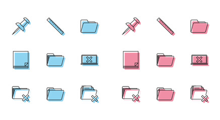 Sticker - Set line Delete folder, Document, Push pin, Laptop and cross mark on screen, File document and Ruler icon. Vector