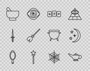 Wall Mural - Set line Magic hand mirror, lamp Aladdin, Playing cards, wand, mortar pestle, Witches broom, Spider web and Moon stars icon. Vector