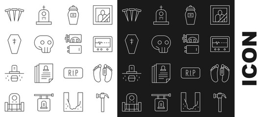 Wall Mural - Set line Hammer, Dead body, Beat dead in monitor, Funeral urn, Skull, Coffin with cross, Metallic nails and Crematorium icon. Vector