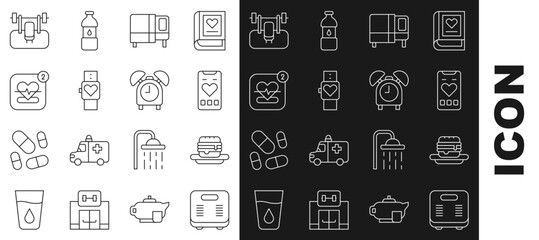 Poster - Set line Bathroom scales, Junk food, Mobile with heart rate, Bed, Smart watch, Bench barbel and Alarm clock icon. Vector