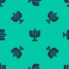 Poster - Blue line Hanukkah menorah icon isolated seamless pattern on green background. Hanukkah traditional symbol. Holiday religion, jewish festival of Lights. Vector