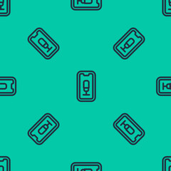 Sticker - Blue line Mobile recording icon isolated seamless pattern on green background. Mobile phone with microphone. Voice recorder app smartphone interface. Vector