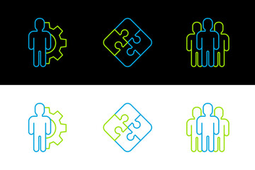 Wall Mural - Set line Users group, Human with gear inside and Piece of puzzle icon. Vector