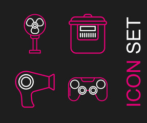 Wall Mural - Set line Gamepad, Hair dryer, Slow cooker and Electric fan icon. Vector