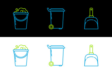 Poster - Set line Dustpan, Bucket with foam and bubbles and Trash can icon. Vector