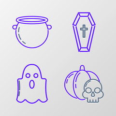 Sticker - Set line Pumpkin and skull, Ghost, Coffin with christian cross and Halloween witch cauldron icon. Vector