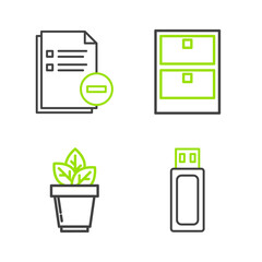 Sticker - Set line USB flash drive, Flowers in pot, Archive papers drawer and Document with minus icon. Vector