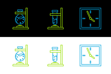 Wall Mural - Set line Clock, Glass test tube flask on fire and icon. Vector