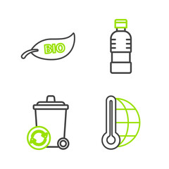 Sticker - Set line Meteorology thermometer measuring, Recycle bin with recycle symbol, Bottle of water and Leaf Bio icon. Vector