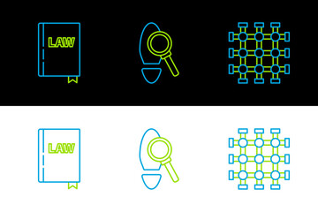 Poster - Set line Prison window, Law book and Magnifying glass with footsteps icon. Vector