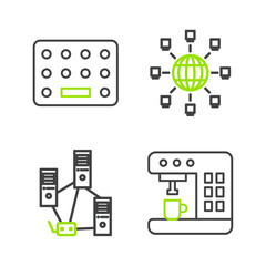 Sticker - Set line Coffee machine, Computer network, Social and Pills blister pack icon. Vector