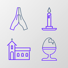 Sticker - Set line Chicken egg on a stand, Church building, Burning candle candlestick and Hands praying position icon. Vector