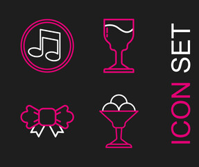 Sticker - Set line Ice cream in bowl, Bow tie, Wine glass and Music note, tone icon. Vector