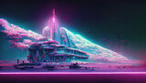 Fototapeta  - Abstract Retro futuristic  sci-fi synthwave landscape in space with stars. Vaporwave stylized  illustration for EDM music  Ai generated.