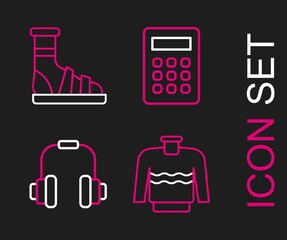 Sticker - Set line Sweater, Headphones, Calculator and Slippers with socks icon. Vector