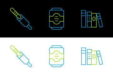 Poster - Set line Book, Audio jack and Energy drink icon. Vector