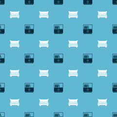 Sticker - Set Library bookshelf and Big bed on seamless pattern. Vector