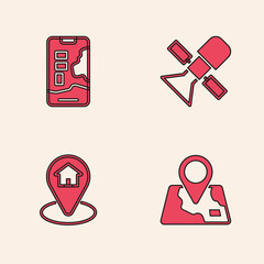 Sticker - Set Folded map with location marker, City navigation, Satellite and Location house icon. Vector