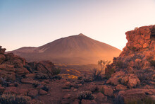 Amazing Volcano Landscape With Rough Rocky Terrain At Sunset