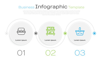 Poster - Set line Chicken egg in box, Warehouse interior with boxes and Shopping basket. Business infographic template. Vector