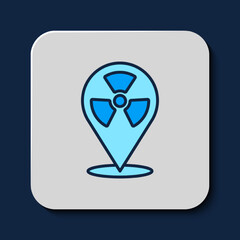 Filled outline Radioactive in location icon isolated on blue background. Radioactive toxic symbol. Radiation Hazard sign. Vector