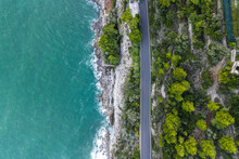 Aerial View Of A Road Following The Cliffs In Cetara, Amalfi Coast, Salerno, Campania, Italy.