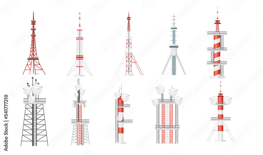 Set of Modern communication tower construction for tv radio network or gsm technology vector illustration isolated on white background