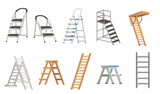 Fototapeta Dinusie - Set of steel and wooden folding portable ladder household equipment vector illustration isolated on white background