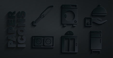 Poster - Set Lift, Covered with tray, Electrical outlet, Refrigerator, Washer and Knife icon. Vector