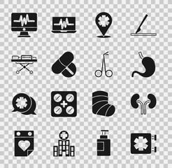 Poster - Set Medical symbol of the Emergency, Human kidneys, stomach, Location with cross hospital, Medicine pill or tablet, Stretcher, Monitor cardiogram and scissors icon. Vector