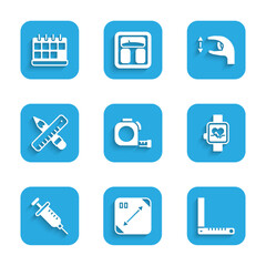 Sticker - Set Roulette construction, Diagonal measuring, Corner ruler, Smart watch, Syringe, Crossed and pencil, Approximate measurements and Calendar icon. Vector