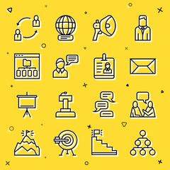 Sticker - Set line Hierarchy organogram chart, Two sitting men talking, Envelope, Megaphone, Speech bubble chat, Browser files, Human resources and Identification badge icon. Vector