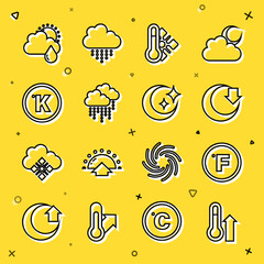 Wall Mural - Set line Meteorology thermometer, Fahrenheit, Moon, Cloud with rain, Kelvin, and sun and stars icon. Vector