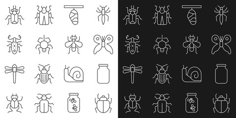 Poster - Set line Mite, Glass jar, Butterfly, cocoon, Spider, Beetle deer, bug and Insect icon. Vector