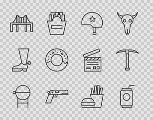 Sticker - Set line Barbecue grill, Soda can with straw, Military helmet, Pistol or gun, Golden gate bridge, Donut, Burger and french fries and Pickaxe icon. Vector